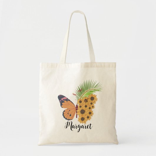 Gele zonnebloem Vlinder gepersonaliseerde naam Tote Bag (Voorkant)