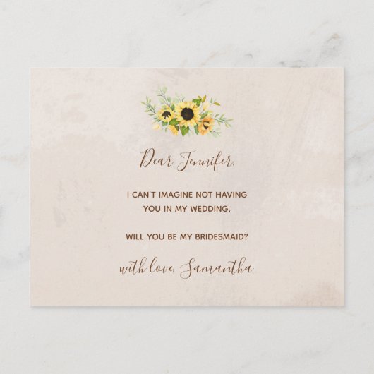 Gele zonnebloem Waterverf Mijn Bridesmaid Uitnodiging Briefkaart (Achterkant)