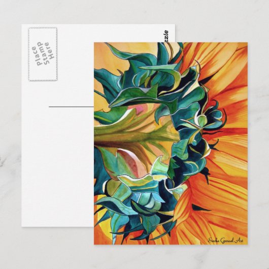 Gele zonnebloem waterverf, origineel kunstschilder briefkaart (Voorkant / Achterkant)