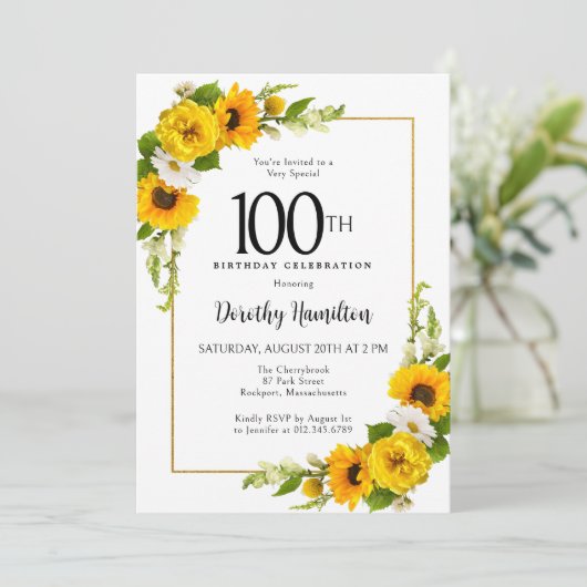 Gele Zonnebloem Witte Daisy Bloemen 100ste Verjaar Kaart (Staand voorkant)