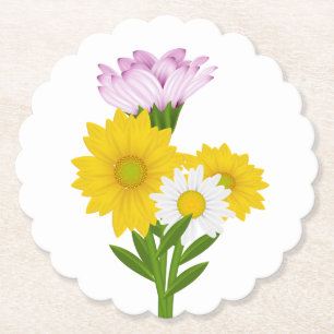 Gele zonnebloem, witte madelief paarse bloem kartonnen onderzetters