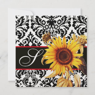 GELE ZONNEBLOEM  ZWART WIT  DAMAST MONOGRAM KAART