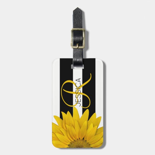 Gele zonnebloem Zwart-witte strepen Monogrammen Bagagelabel (Voorkant verticaal)