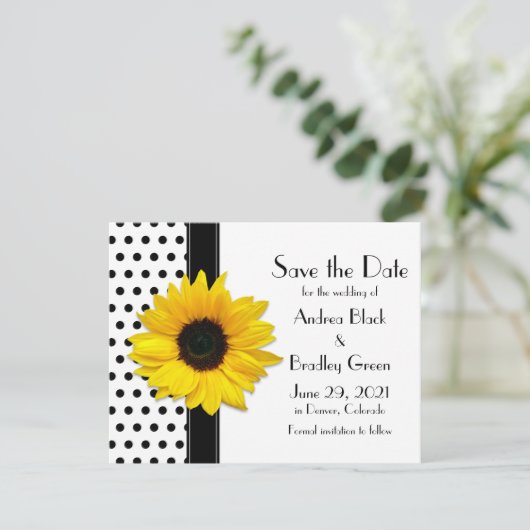 Gele zonnebloem Zwarte Polka Dots Save the Date (Staand voorkant)