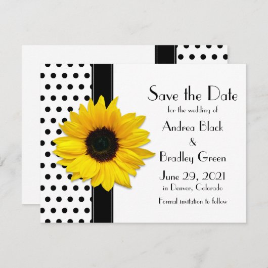 Gele zonnebloem Zwarte Polka Dots Save the Date (Voorkant / Achterkant)