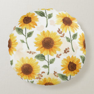 Gele Zonnebloemen Aquarel Bloemige Whimsical Rond Kussen