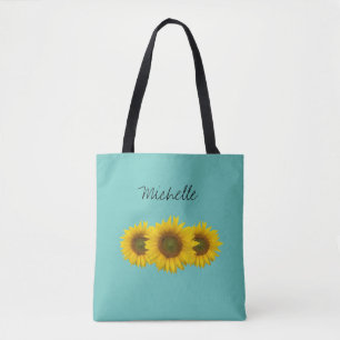 Gele zonnebloemen Blauwgroen Groen Gepersonaliseer Tote Bag