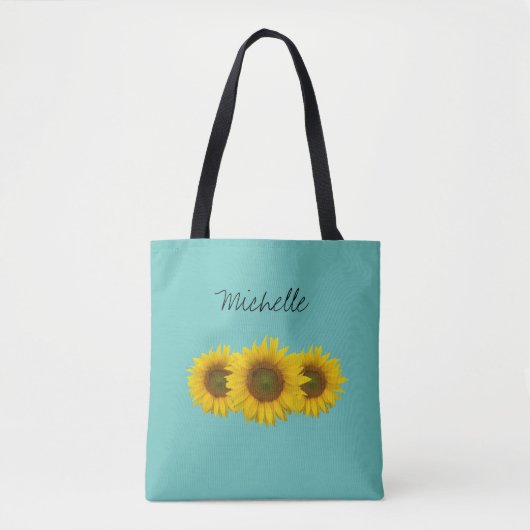 Gele Zonnebloemen Blauwgroen Groen Gepersonaliseer Tote Bag (Voorkant)