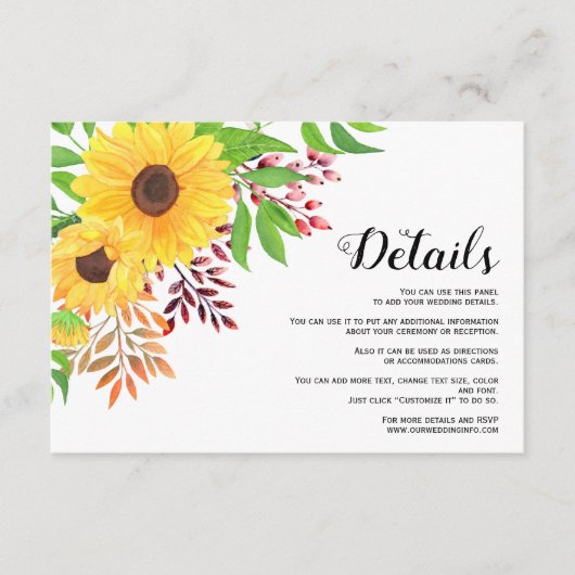 Gele zonnebloemen bloemenherfst bruiloft details informatiekaartje (Voorkant)