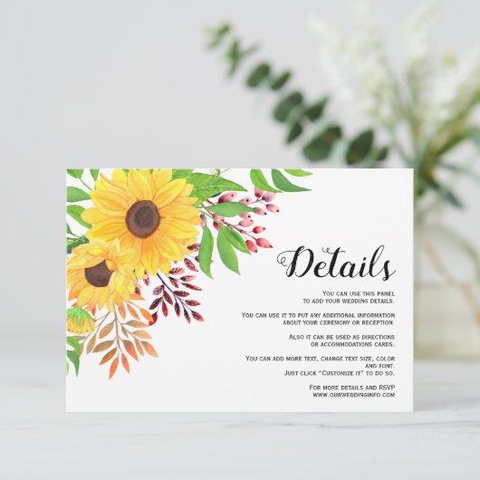 Gele zonnebloemen bloemenherfst bruiloft details informatiekaartje (Staand voorkant)