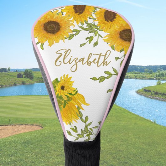 Gele zonnebloemen bloemstuk aangepaste naam dames golfheadcover