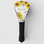 Gele zonnebloemen bloemstuk aangepaste naam dames golfheadcover (Voorkant)