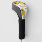 Gele zonnebloemen bloemstuk aangepaste naam dames golfheadcover (Schuin)