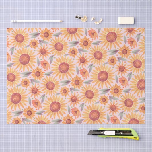 Gele zonnebloemen Blush Roze Waterverf Tissuepapier (Craft)