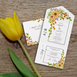 Gele zonnebloemen, boog en initialen worden bruilo all in one uitnodiging