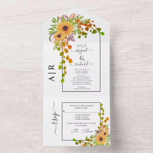 Gele zonnebloemen, boog en initialen worden bruilo all in one uitnodiging (Binnen)