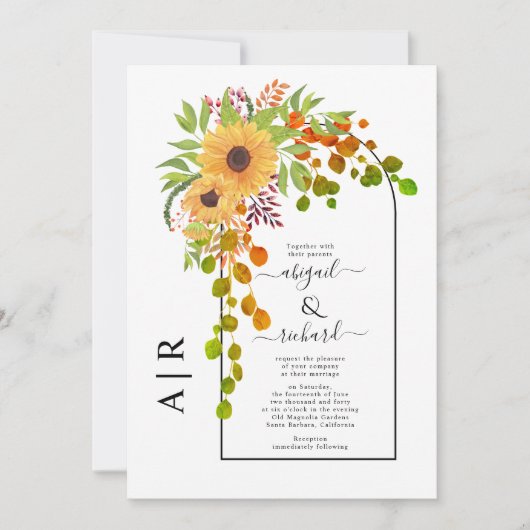 Gele zonnebloemen, boog en initialen worden bruilo kaart (Voorkant)