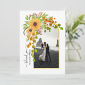 Gele zonnebloemen, boog met foto herfst bruiloft bedankkaart (Staand voorkant)