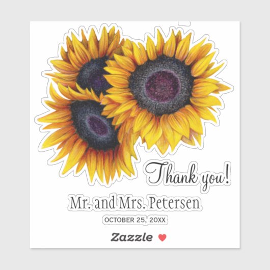 Gele zonnebloemen bruiloft dank u en namen sticker (Vel)