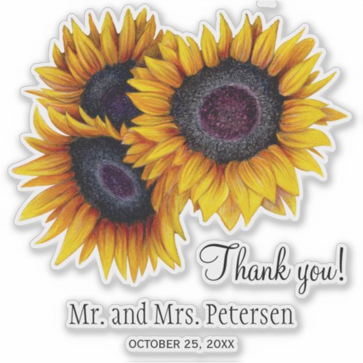 Gele zonnebloemen bruiloft dank u en namen sticker (Voorkant)