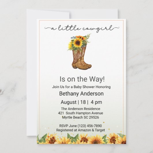 Gele Zonnebloemen Cowgirl op de Weg Baby shower Kaart (Voorkant)