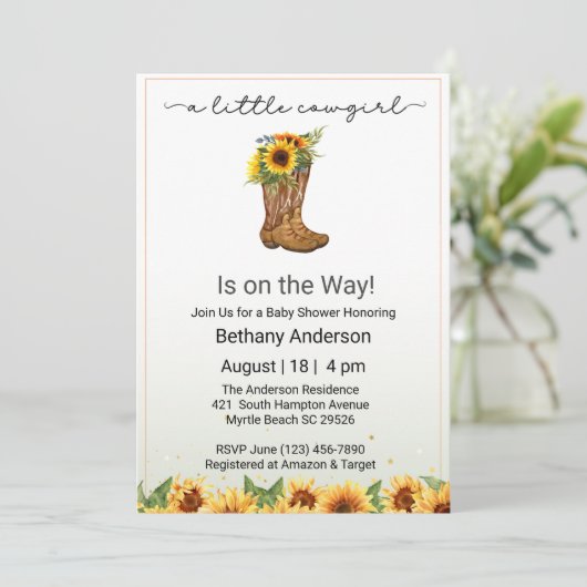 Gele Zonnebloemen Cowgirl op de Weg Baby shower Kaart (Staand voorkant)