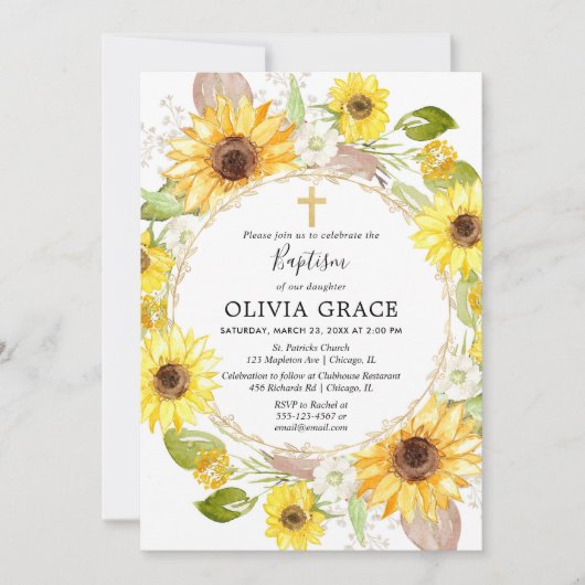 Gele zonnebloemen doop bloemige waterverf kaart (Voorkant)