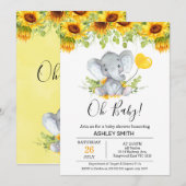Gele zonnebloemen Elephant Baby shower Invitation Kaart (Voorkant / Achterkant)