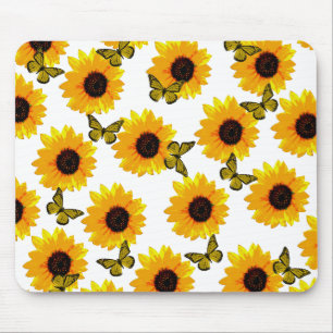 Gele zonnebloemen en botervliegen, Mousepad Muismat