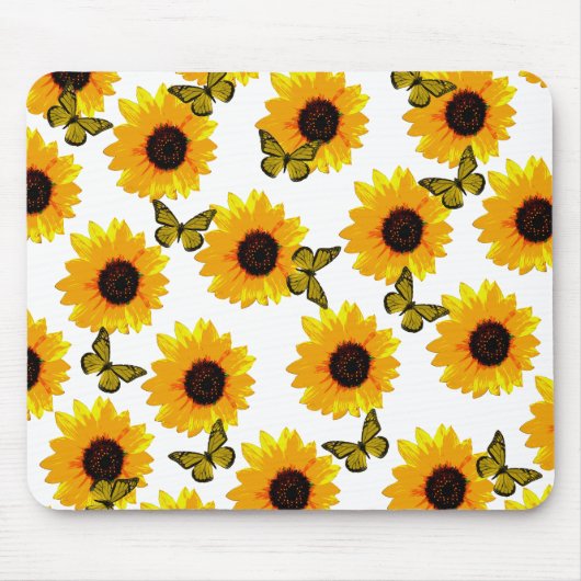 Gele zonnebloemen en botervliegen, Mousepad Muismat (Voorkant)