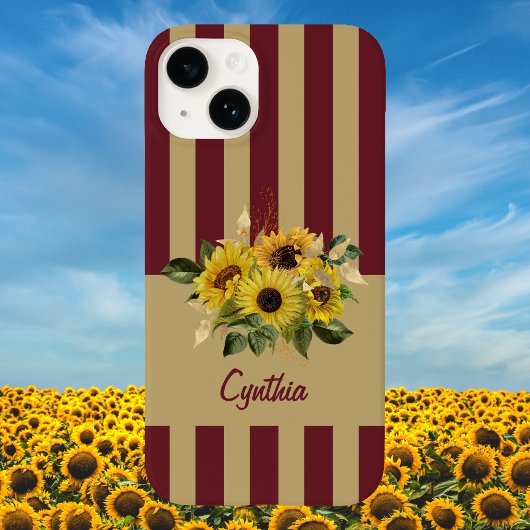 Gele zonnebloemen en Bourgogne en gouden strips Case-Mate iPhone Case