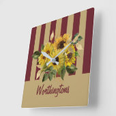 Gele zonnebloemen en Bourgogne en gouden strips Vierkante Klok (Hoek)