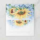 Gele zonnebloemen en Dusty Blue Hydrangea Wedding Plaatskaartje (Buitenkant ongevouwen)