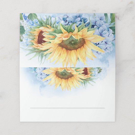Gele zonnebloemen en Dusty Blue Hydrangea Wedding Plaatskaartje (Buitenkant ongevouwen)