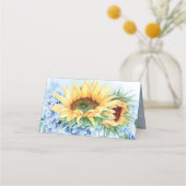 Gele zonnebloemen en Dusty Blue Hydrangea Wedding Plaatskaartje (Achterkant)