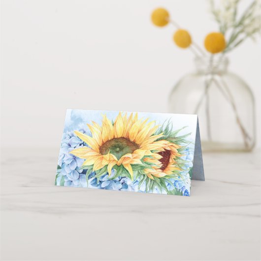 Gele zonnebloemen en Dusty Blue Hydrangea Wedding Plaatskaartje (Achterkant)