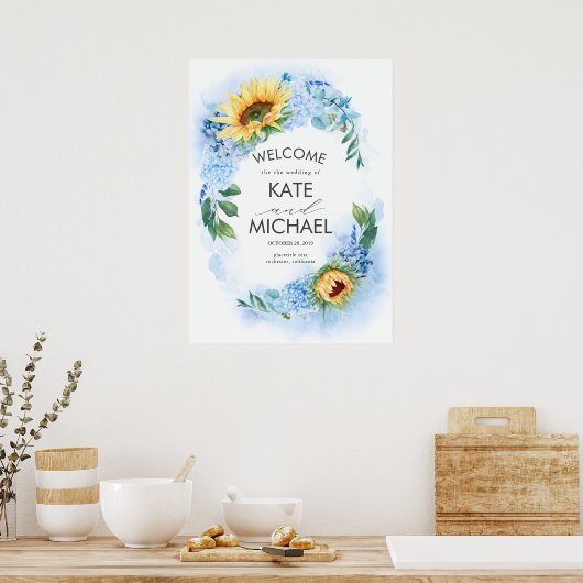 Gele zonnebloemen en Dusty Blue Hydrangea Wedding Poster (Keuken)