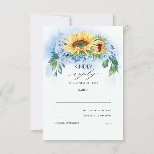 Gele zonnebloemen en Dusty Blue Hydrangea Wedding RSVP Kaartje (Voorkant)