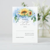 Gele zonnebloemen en Dusty Blue Hydrangea Wedding RSVP Kaartje (Staand voorkant)