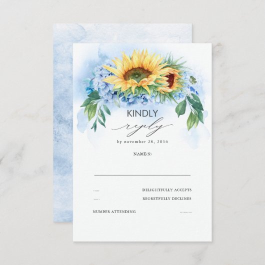 Gele zonnebloemen en Dusty Blue Hydrangea Wedding RSVP Kaartje (Voorkant / Achterkant)