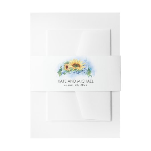 Gele zonnebloemen en Dusty Blue Hydrangea Wedding Uitnodigingen Wikkel (Voorkant Voorbeeld)