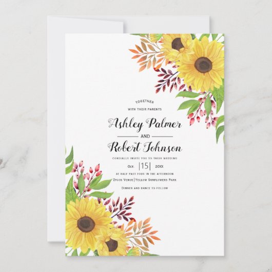 Gele zonnebloemen en herfstbladeren herfstbruiloft kaart (Voorkant)