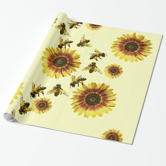 Gele zonnebloemen en het zomerpatroon van honingbi cadeaupapier (Uitgerold)