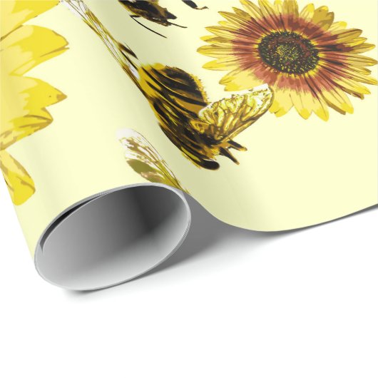 Gele zonnebloemen en het zomerpatroon van honingbi cadeaupapier (Rol Hoek)