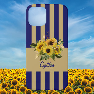 Gele zonnebloemen en marineblauw en gouden strips Case-Mate iPhone case