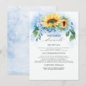 Gele Zonnebloemen en Stoffig Blauw Bruiloft Detail Informatiekaartje (Voorkant / Achterkant)