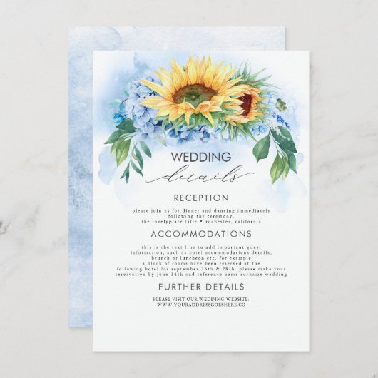 Gele Zonnebloemen en Stoffig Blauw Bruiloft Detail Informatiekaartje (Voorkant / Achterkant)