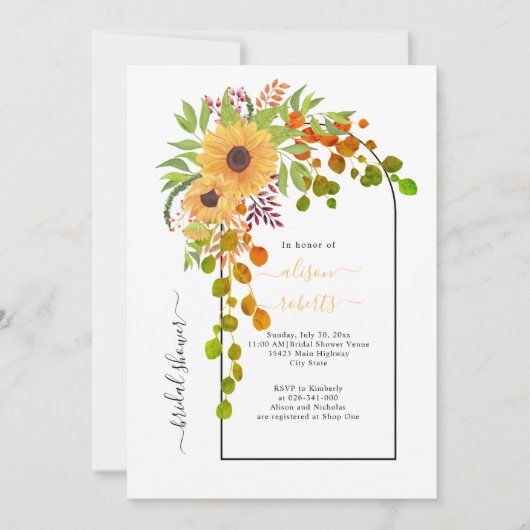 Gele zonnebloemen en vrijgezellenfeest voor de bru kaart (Voorkant)