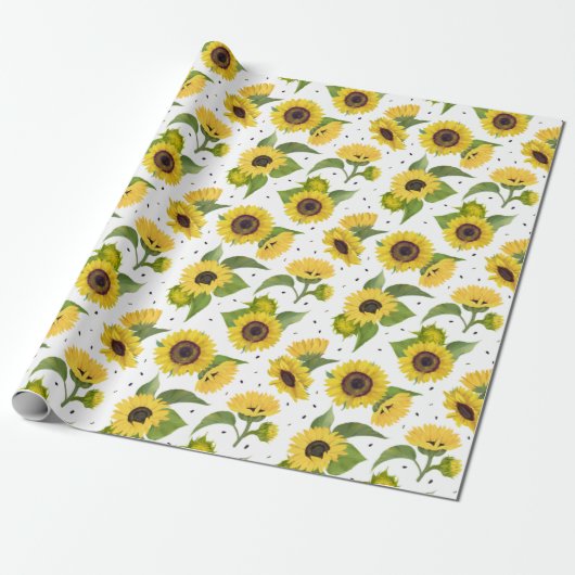 Gele zonnebloemen en zonnebloempitten cadeaupapier (Uitgerold)