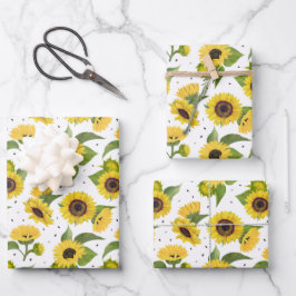 Gele zonnebloemen en zonnebloempitten inpakpapier vel